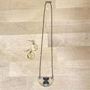 Geometric Handmade Half Moon Pendant Necklace and Round Wire Hook Earrings Set